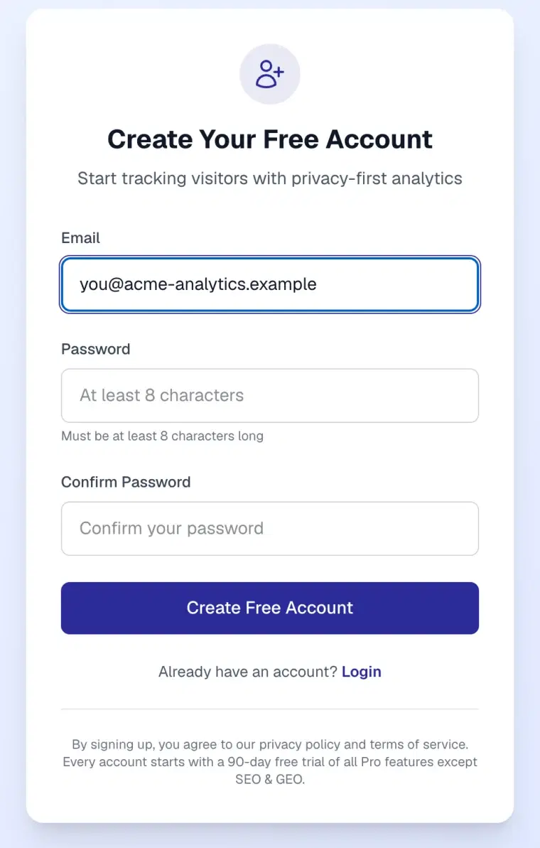 WysLeap sign-up form with email, password and confirm password fields