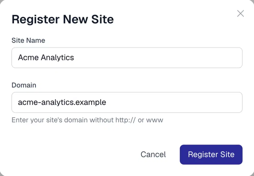 Register New Site dialog with Site Name and Domain fields