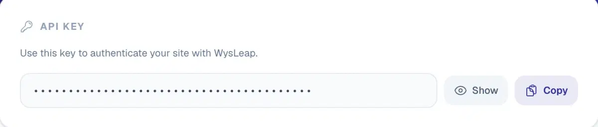 Site Settings API Key card with Show and Copy buttons