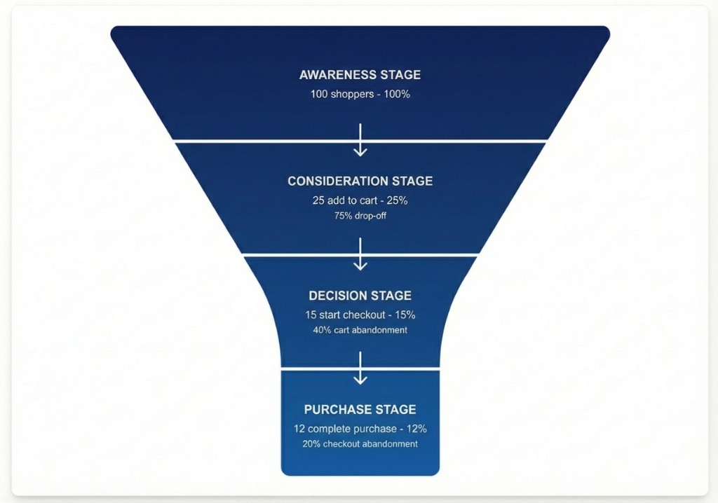 E-commerce Purchase Funnel - Awareness Stage: 100 shoppers (100%), Consideration Stage: 25 add to cart (25%, 75% drop-off), Decision Stage: 15 start checkout (15%, 40% cart abandonment), Purchase Stage: 12 complete purchase (12%, 20% checkout abandonment)