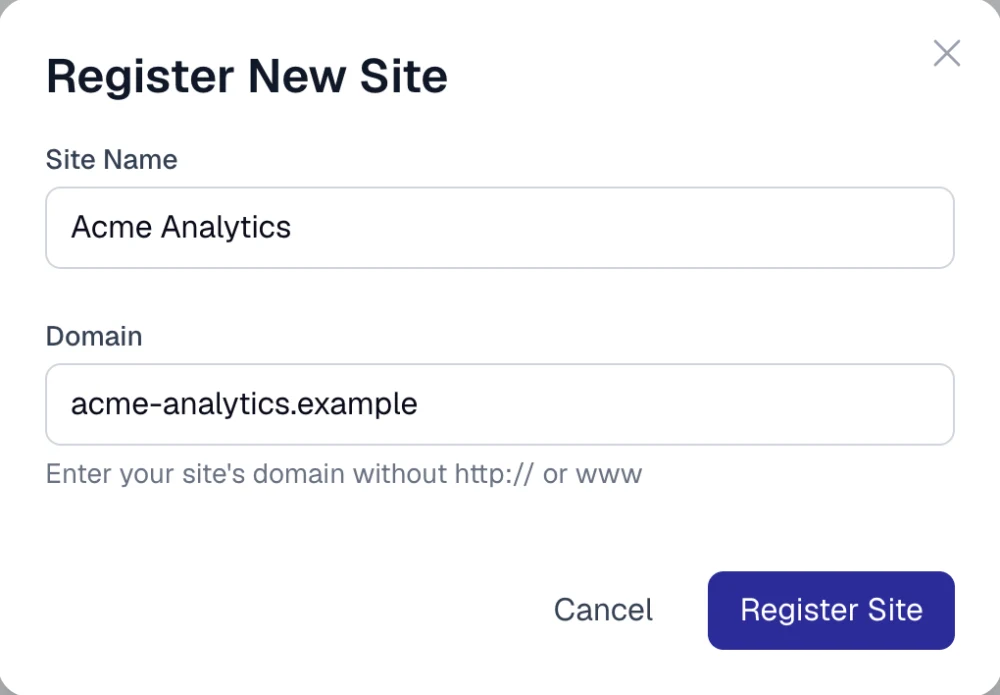 Register New Site dialog with Site Name and Domain fields