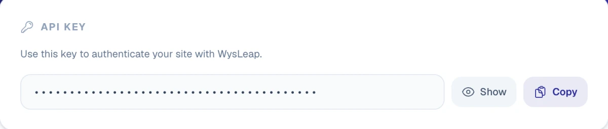Site Settings API Key card with Show and Copy buttons